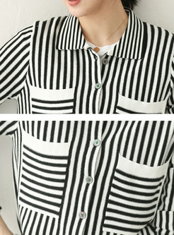 Turn Down Collar Striped Cardigan With Pockets