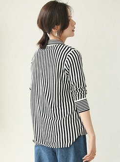 Turn Down Collar Striped Cardigan With Pockets