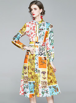 Color-blocked Floral Midi A Line Belted Dress