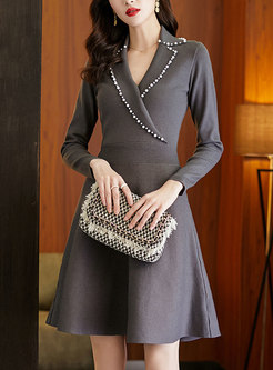 Notched Collar Beaded A Line Knitted Dress