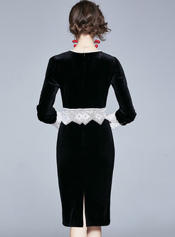 Lace Patchwork V-neck Bodycon Velvet Dress