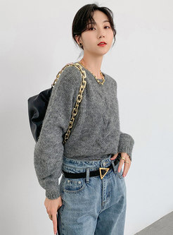 Crew Neck Solid Pullover Loose Sweater