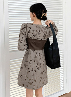 Print Long Sleeve Mini Dress With PU Camisole