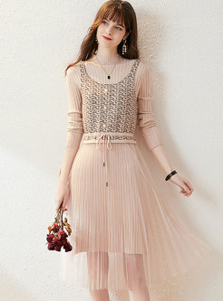Solid Knitted Mesh Patchwork Two Piece Dress