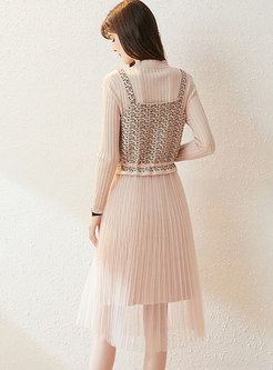 Solid Knitted Mesh Patchwork Two Piece Dress