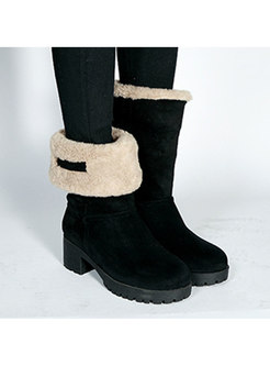 Plush Rounded Toe Block Heel Mid-calf Boots
