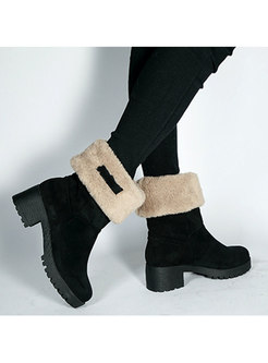 Plush Rounded Toe Block Heel Mid-calf Boots