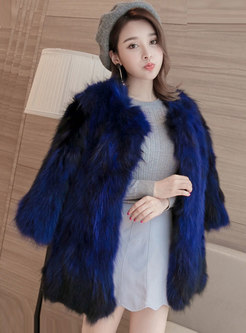 Color-blocked V-neck Straight Faux Fur Coat