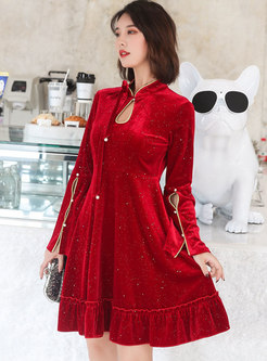 Red Flare Sleeve Velvet Cocktail Dress