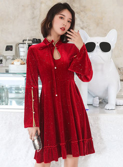 Red Flare Sleeve Velvet Cocktail Dress
