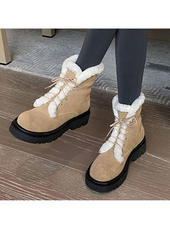 Lace-up Plush Rounded Toe Platform Ankle Boots