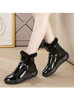 Patent Leather Rounded Toe Flat Ankle Boots