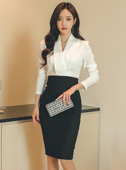 Long Sleeve Patchwork Bodycon Office Dress