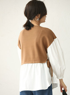 Color-blocked Knitted Patchwork Loose Blouse