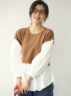 Color-blocked Knitted Patchwork Loose Blouse