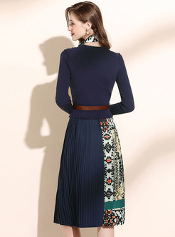 Print Patchwork Knitted Pleated Dress
