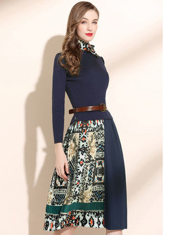 Print Patchwork Knitted Pleated Dress