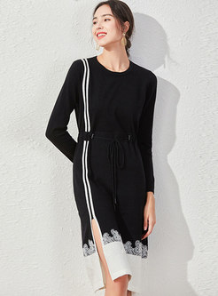 Crew Neck Striped Lace Patchwork Knitted Dress