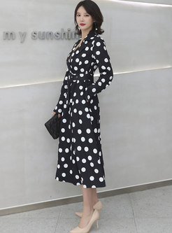 Plus Size Lapel Polka Dot A Line Maxi Dress