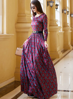 Long Sleeve Print Belted A Line Maxi Dress