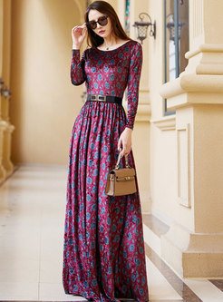 Long Sleeve Print Belted A Line Maxi Dress