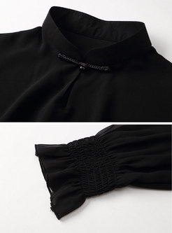 Black Mandarin Collar A Line Long Skirt Suits
