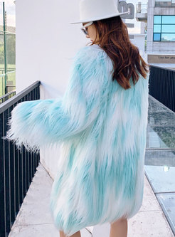 V-neck Color-blocked Faux Fur Mid-length Coat