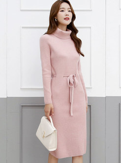 Solid Drawstring Knee-length Knitted Dress