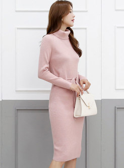 Solid Drawstring Knee-length Knitted Dress
