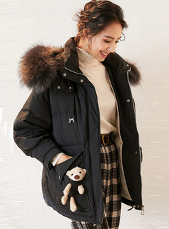 Faux Fur Hooded Straight Down Coat With Doll