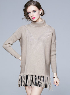 Turtleneck Pullover Fringed Long Sweater