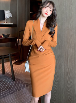 V-neck Long Sleeve Ruched Bodycon Dress
