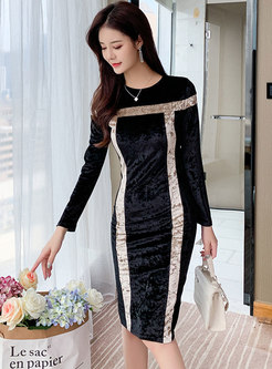 Color-blocked Long Sleeve Velvet Bodycon Dress
