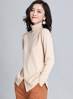Turtleneck Split Asymmetric Pullover Sweater