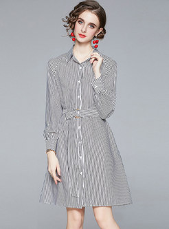 Long Sleeve Striped Belted A Line Dress