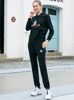 Hooded Cartoon Embroidered Sweatshirt Pant Suits