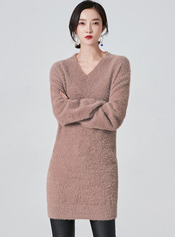 Solid V-neck Long Sleeve Pullover Sweater