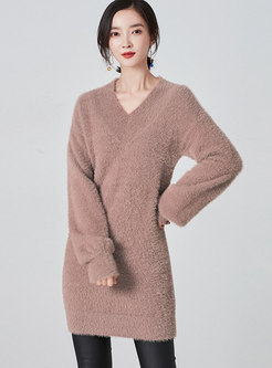 Solid V-neck Long Sleeve Pullover Sweater