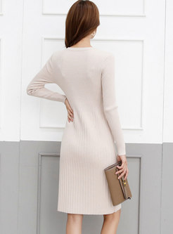 Crew Neck Patchwork A Line Knitted Dress