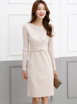Crew Neck Patchwork A Line Knitted Dress
