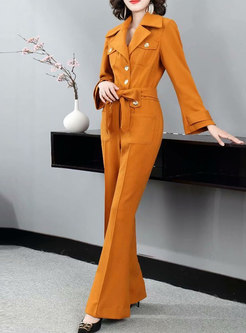Notched Long Sleeve High Waisted Flare Jumpsuits