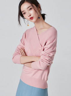 Cross V-neck Pullover Solid Sweater