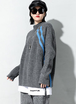 Color-blocked Mock Neck Plus Size Sweater