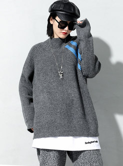 Color-blocked Mock Neck Plus Size Sweater