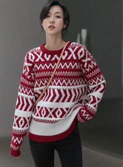 Geometric Pattern Ribbed Loose Pullover Sweater