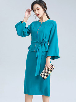 Crew Neck Bowknot Tied Knee-length Skirt Suits