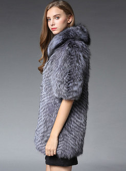 Lapel Half Sleeve Front Zipper Faux Fur Coat