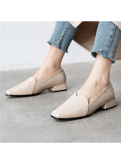 Square Toe Short Plush Low Block Heel Loafers