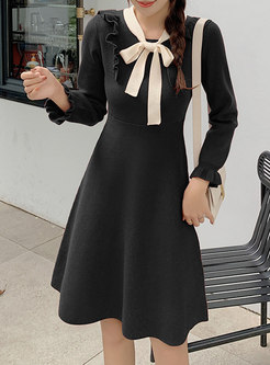 Color-blocked Bowknot Ruffle Knitted Dress