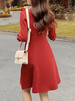 Color-blocked Bowknot Ruffle Knitted Dress
